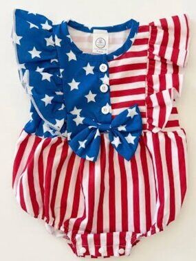 Girl’s 9 Months Fourth of July Patriotic Ruffled Sleeve Romper